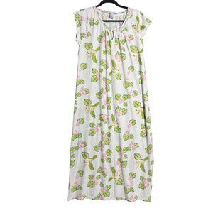 Vintage Cuddledown Lace Trim Tropical Leaf Print Dress Medium White Green